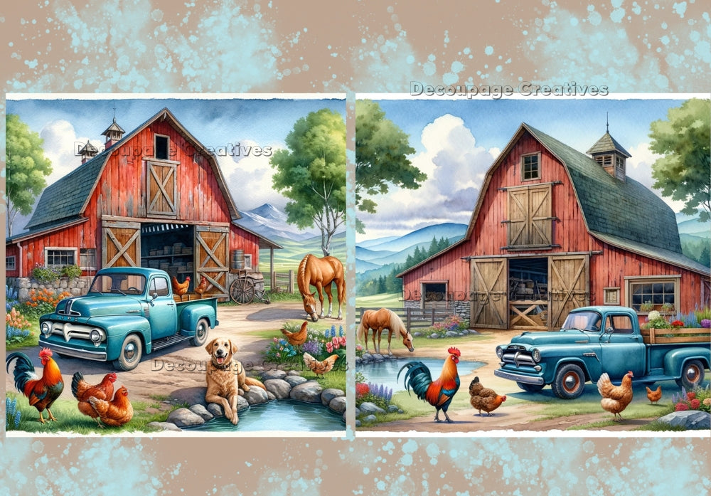 Two colorful sketch style scenes of country red barn and farm animals. Decoupage Paper Designs A4 rice paper.