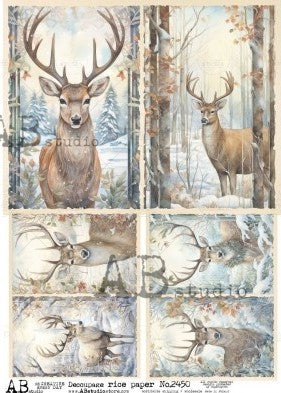 brown stag in winter forest and white snow AB Studio Rice Papers