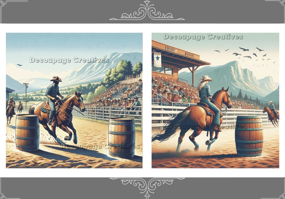 Two scenes of male and female barrel racing horse riders at fair rodeo. Decoupage Paper Designs A4 rice paper.