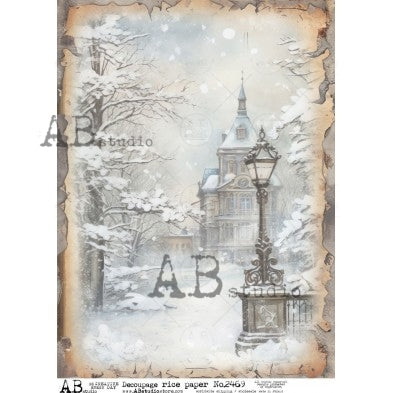 winter town park scene in snow and lampost AB Studio Rice Papers