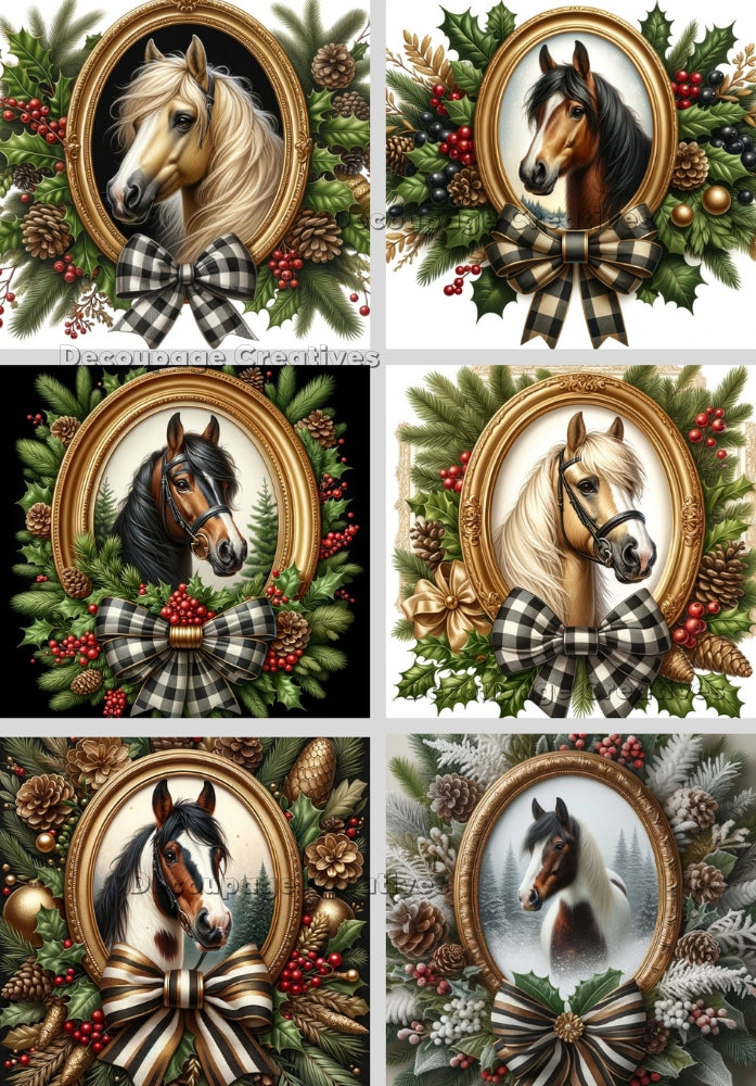 Six scenes of horse heads in center of Christmas wreath with bow. Decoupage Paper Designs A4 rice paper.