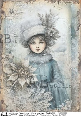 young girls in vintage winter coat and  fir hat in snow with white flowers AB Studio Rice Papers