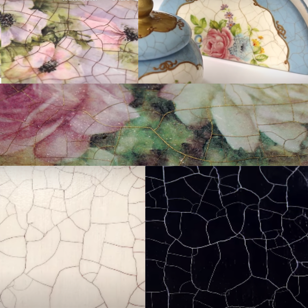Collage of various images showing the aged porcelain crack effect from Pentart Fineline Crackle Varnish 2 componenet system.