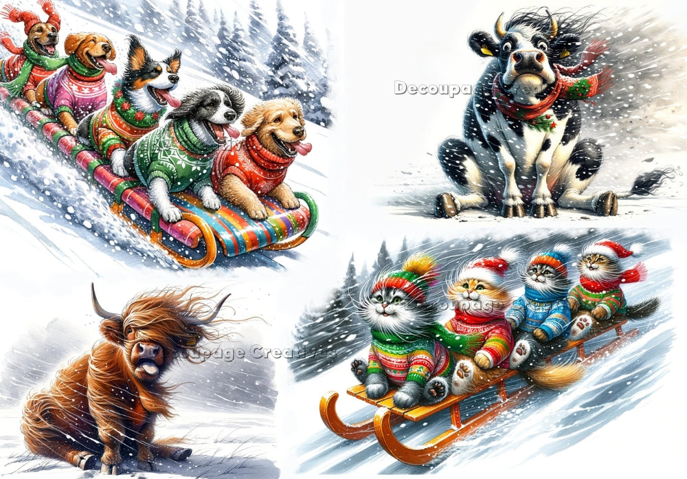 Four scenes of cats, dogs and cows in a blizzard on mountain. Decoupage Paper Designs A4 rice paper.