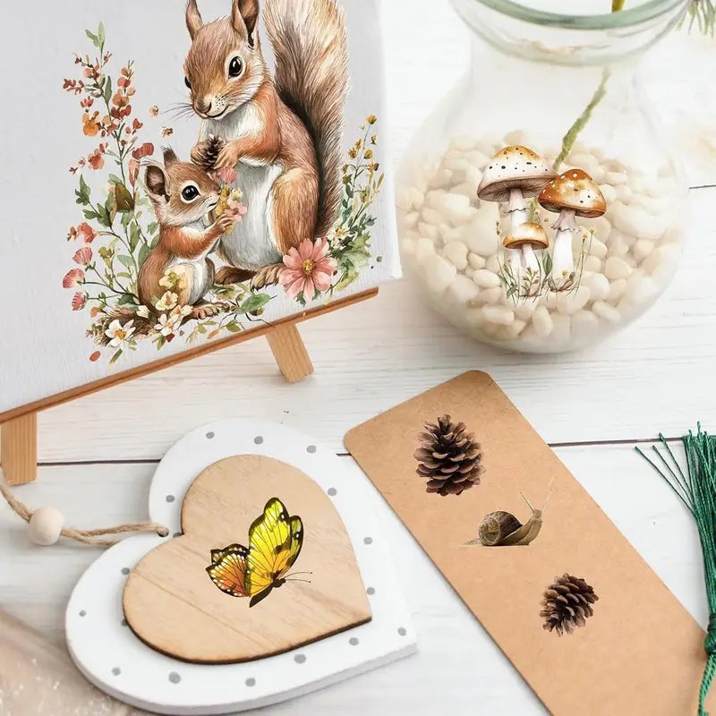 cute animals like bunnies, squirrels deer and other forest animals rub on transfers on home decor items