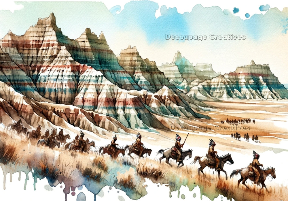 Colorful teal and peach watercolor sketch of the badlands with many indians on horses. Decoupage Paper Designs A4 rice paper.