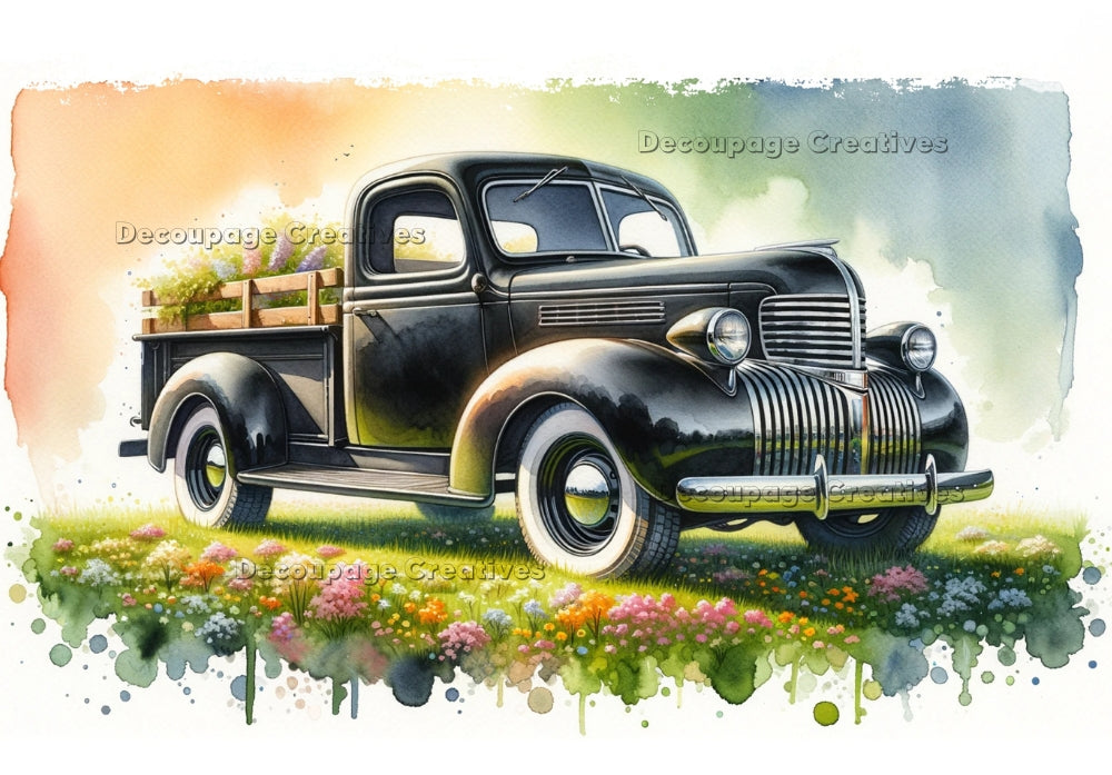 Black vintage 1940's truck with flowers. Decoupage Paper Designs A4 rice paper.
