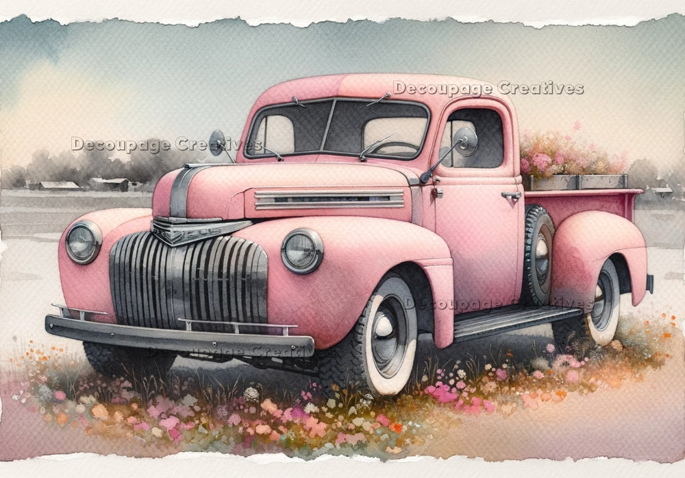 Pink vintage 1940's vintage truck with pink field of flowers on farm. Decoupage Paper Designs A4 rice paper.