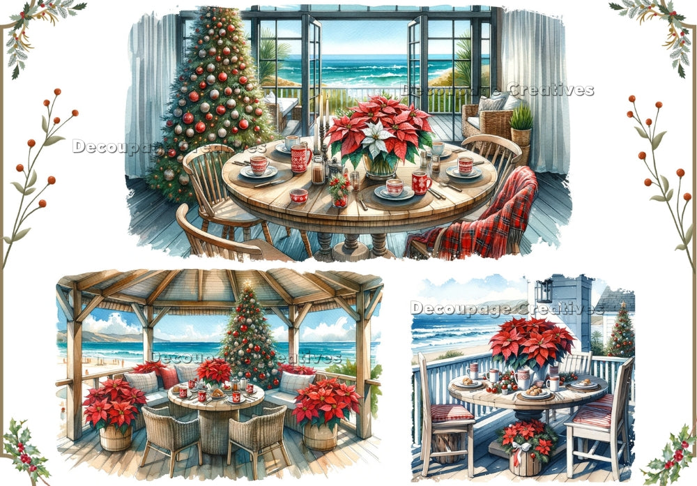 Three scenes of a beach home decorated for Christmas. Decoupage Paper Designs A4 rice paper.