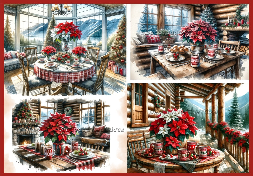 Four scenes of a mountain home decorated in red for Christmas. Decoupage Paper Designs A4 rice paper.