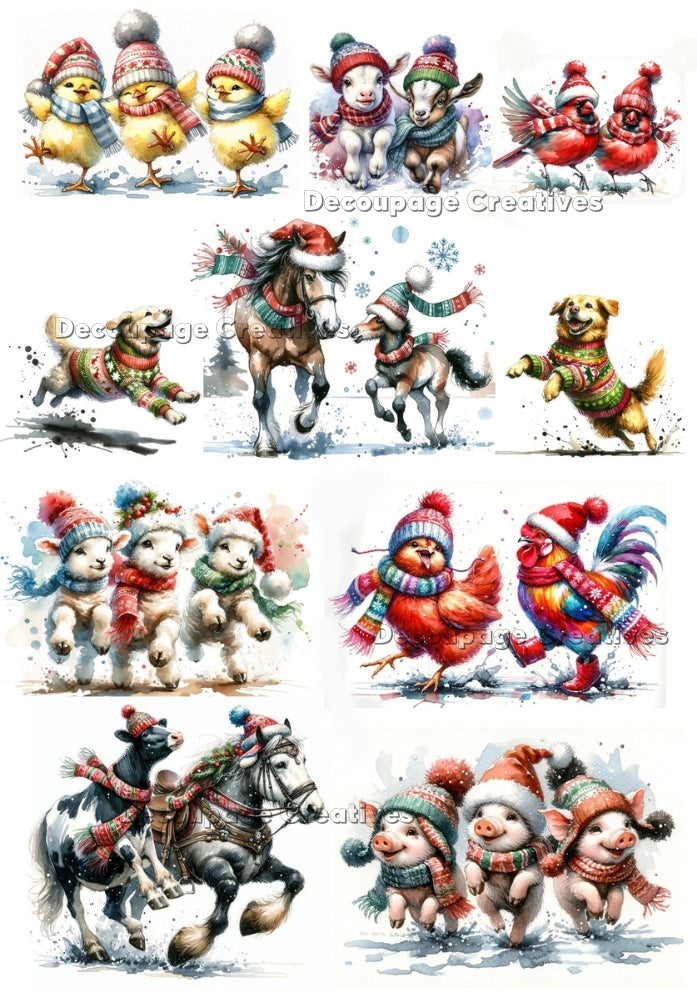 Ten scenes of joyful cartoon style animals dressed in winter wear, frolicking in mud puddles. Decoupage Paper Designs A4 rice paper.