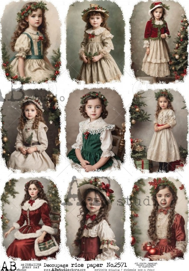 young girls in vintage Christmas dresses and Christmas trees AB Studio Rice Papers