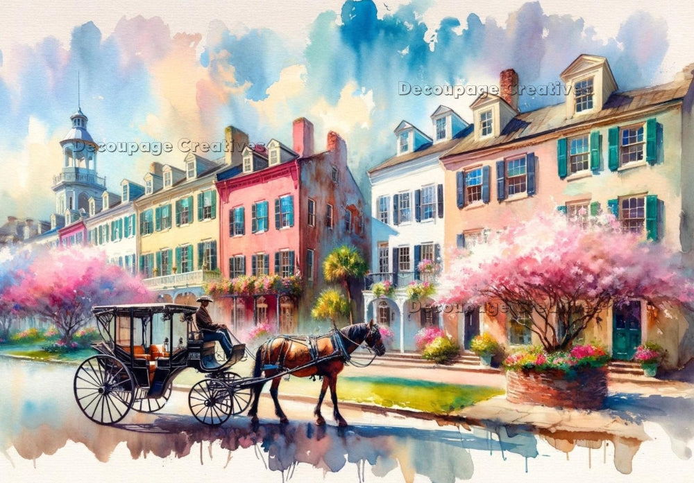 Southern scene with colorful colonial mansions with horse drawn carriage in foreground. A4 Decoupage Paper for Craft making.