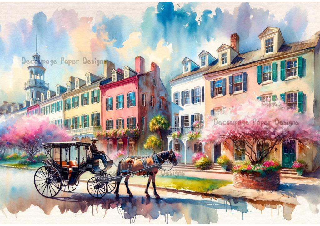 Southern scene with colorful colonial mansions with horse drawn carriage in foreground. A4 Decoupage Paper for Craft making.