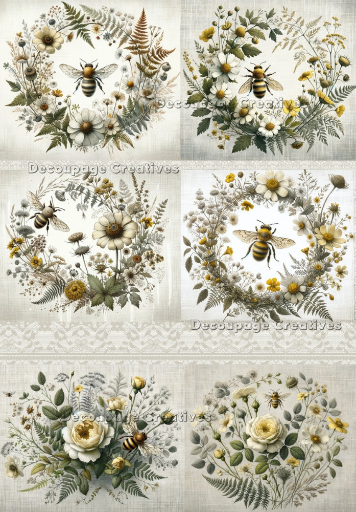 Six images of a wreath of yellow white flowers with a bee in center. A4 Decoupage Paper for Craft making.