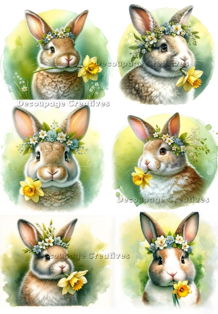 Six images of a brown and white bunny chewing on a yellow daffodil, wearing flowers on head. A4 Decoupage Paper for Craft making.