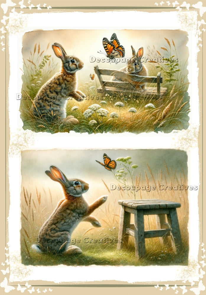 Two images of two bunnies in a wheat field with daffodils, wooden bench and monarch butterfly. A4 Decoupage Paper for Craft making.