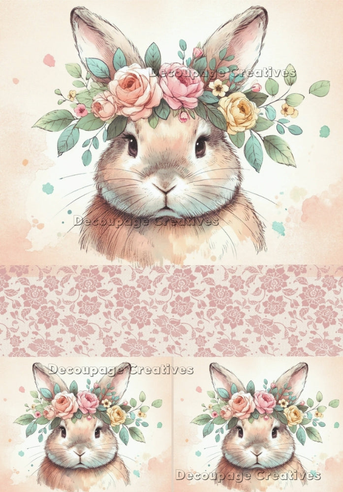 Three images of a brown sketch bunny wearing flowers of pink and yellow on head. A4 Decoupage Paper for Craft making.