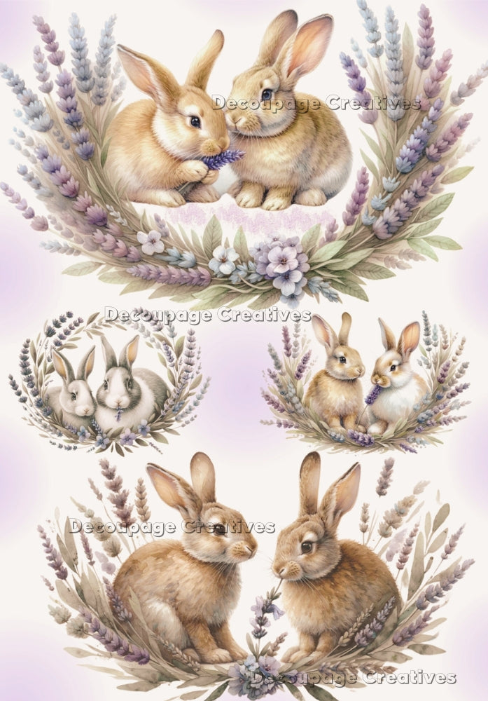 Four images of two bunnies in a half wreath of lavender. A4 Decoupage Paper for Craft making.