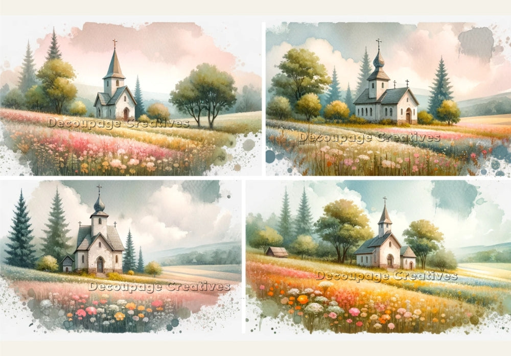 Four images of Southern church in flowery field in the mountains. A4 Decoupage Paper for Craft making.