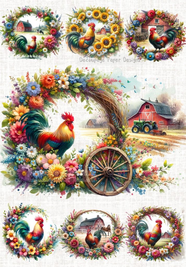 Seven scenes of a Rooster in wreath with wagon wheel, red barn, tractor and colorful flowers. A4 Decoupage Paper for Craft making.