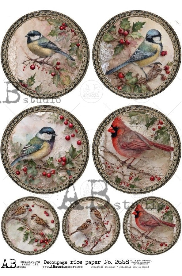 birds and cardinals on holly branches with red berries in circles AB Studio Rice Papers