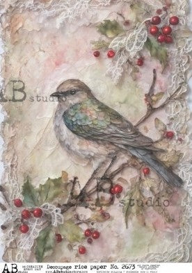 bird on holly branch with red berries AB Studio Rice Papers