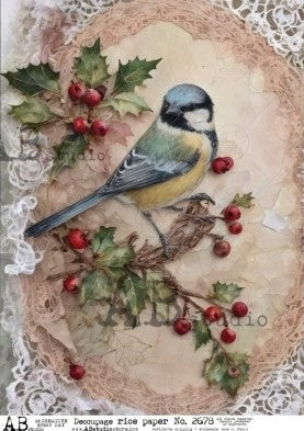 yellow bird on holly branch with red berries AB Studio Rice Papers