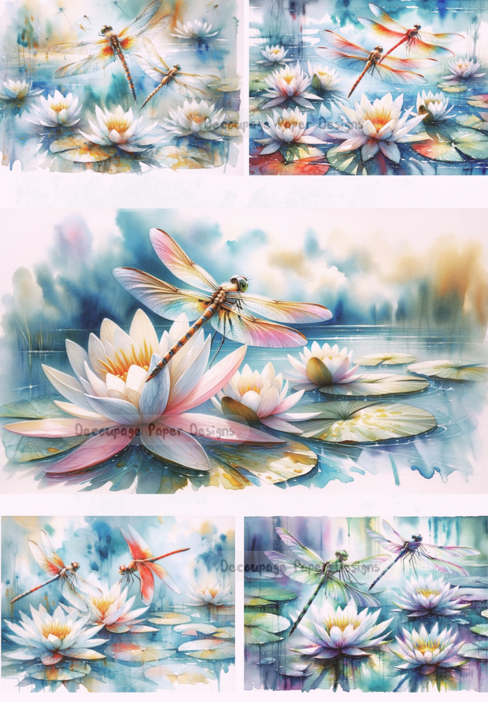 Colorful blue green lily pads with dragonflies flying. A4 Decoupage Paper for Craft making.