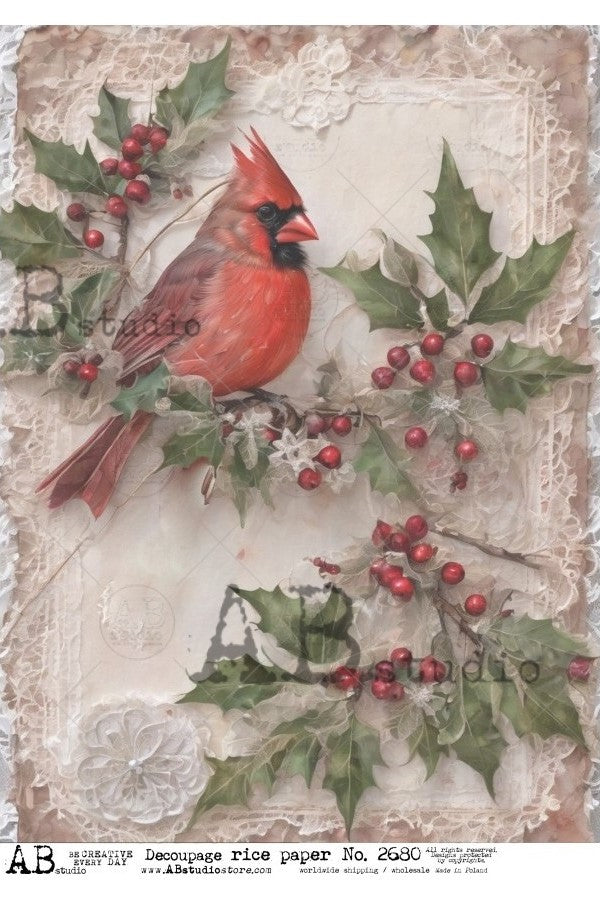 red cardinal on holly branch with red berries AB Studio Rice Papers