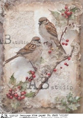 birds on a holly branch with red berries on gray background AB Studio Rice Papers