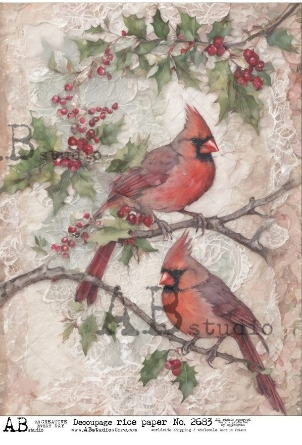 red cardinals on holly branch with red berries AB Studio Rice Papers
