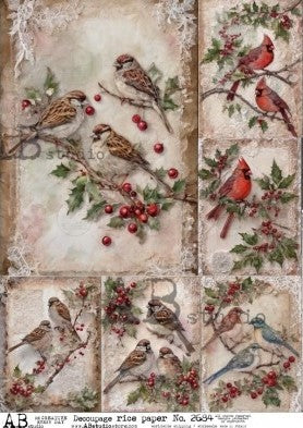  birds and red cardnials on holly branch with red berries AB Studio Rice Papers