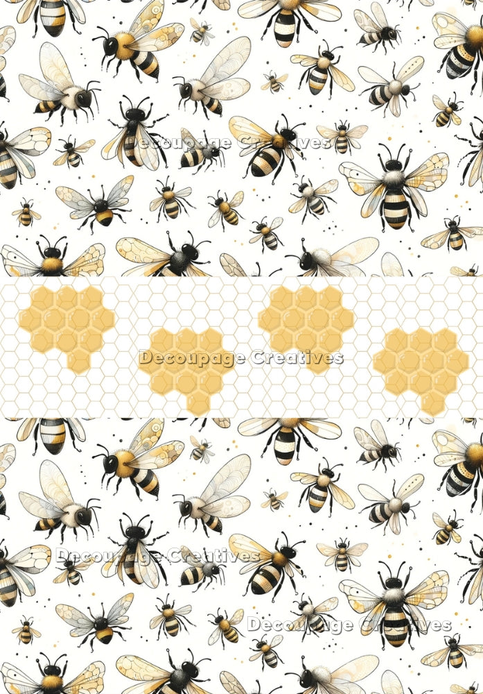 Collage of bumble bees and honey comb. A4 Decoupage Paper for Craft making.