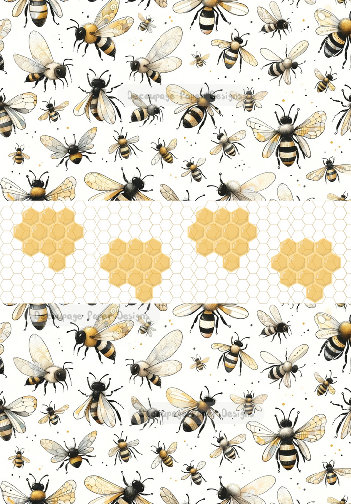Collage of bumble bees and honey comb. A4 Decoupage Paper for Craft making.