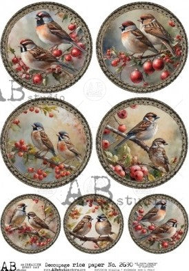 birds on branch with red berries circles AB Studio Rice Papers