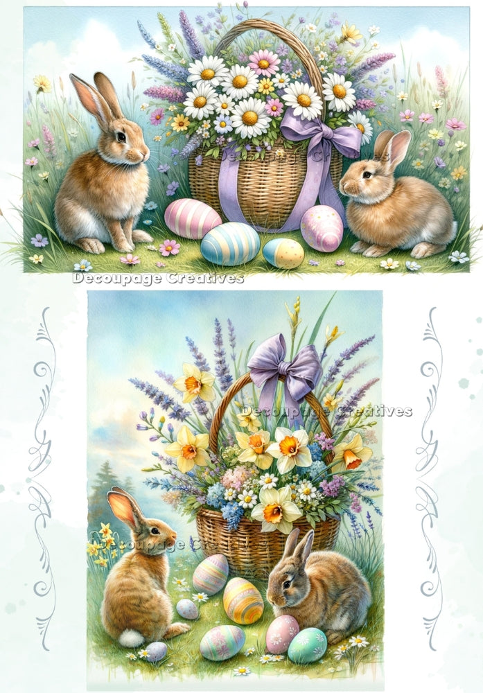 Two images of two bunnies with daisy basket, daffodil basket and colored eggs. A4 Decoupage Paper for Craft making.