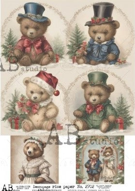 teddy bears in vintage Christmas clothes  AB Studio Rice Papers