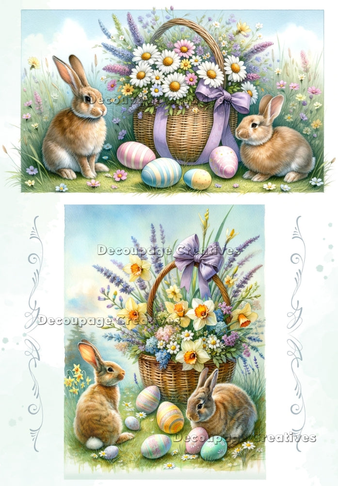 Two images of a Bunny in Spring with basket of daisy flowers and colorful eggs. A4 Decoupage Paper for Craft making.