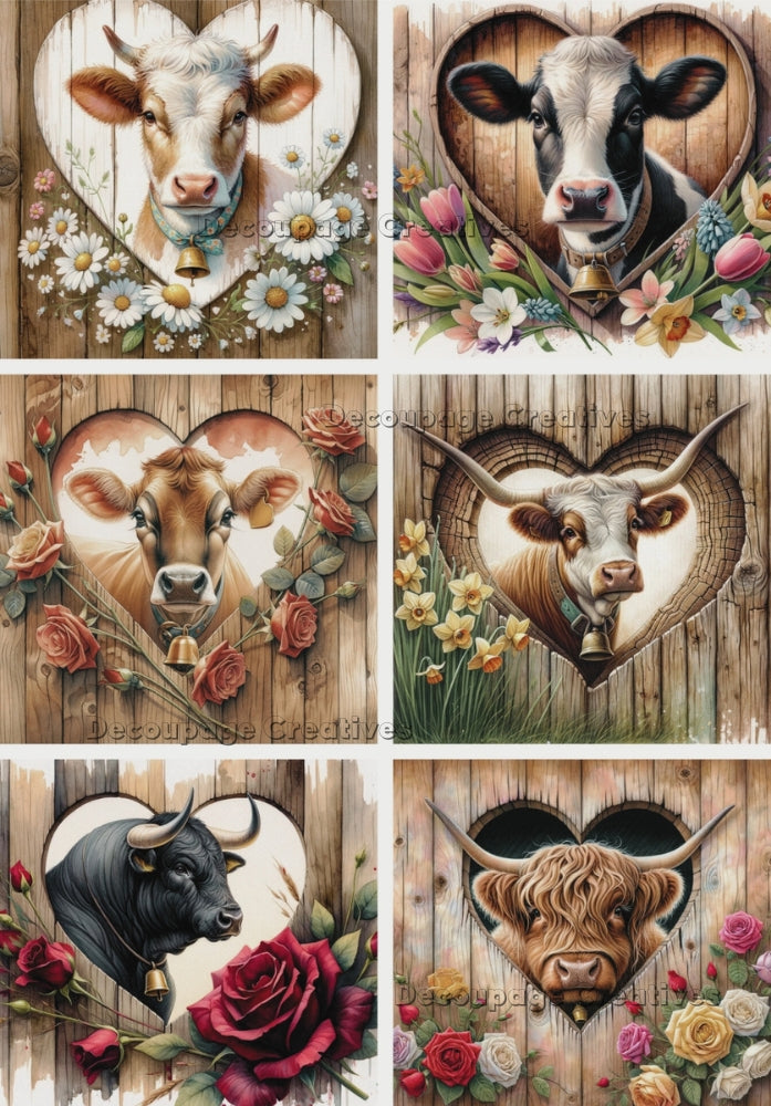 Six images of different color cows in wooden heart wreath. A4 Decoupage Paper for Craft making.