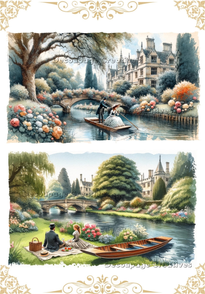 Two images of couple with boat on river in English countryside. A4 Decoupage Paper for Craft making.