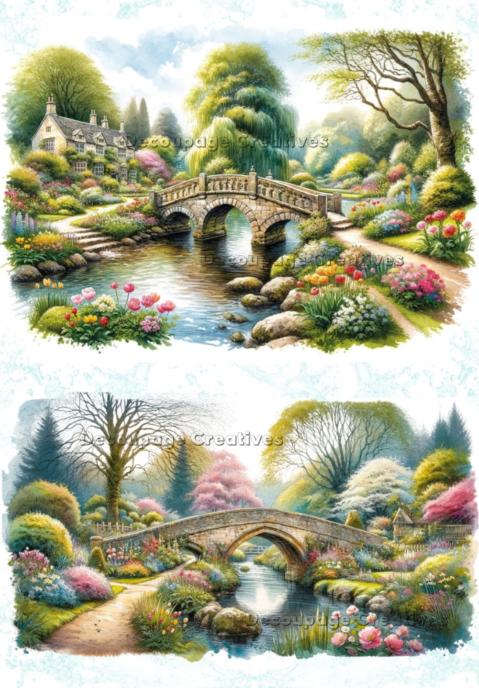 Two images of an English house, bridge, stream and colorful floral garden. A4 Decoupage Paper for Craft making.