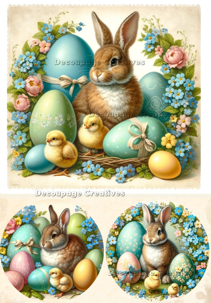 Three images of bunny chicks and eggs in floral blue pink wreath. A4 Decoupage Paper for Craft making.