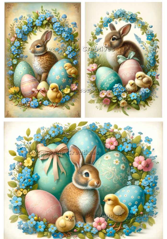 Three images of bunny, chicks and eggs in wreath. A4 Decoupage Paper for Craft making.