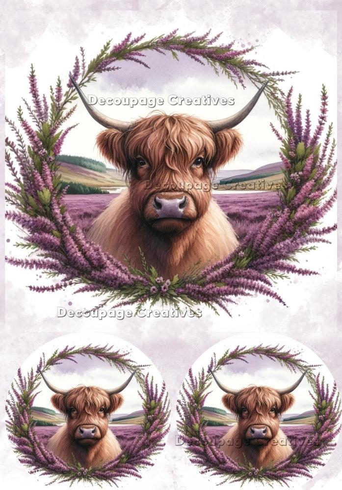 Three images of highland cow in heather wreath. A4 Decoupage Paper for Craft making.