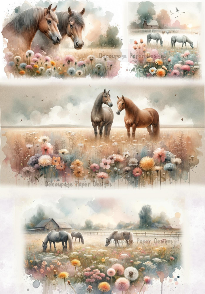 Four images of horses in flowery field. Watercolor theme. A4 Decoupage Paper for Craft making.