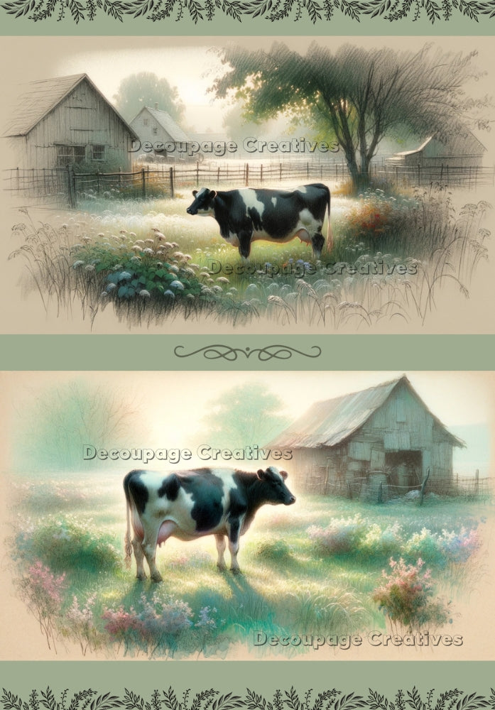 Two images of black and white milk cow in the morning light. A4 Decoupage Paper for Craft making.