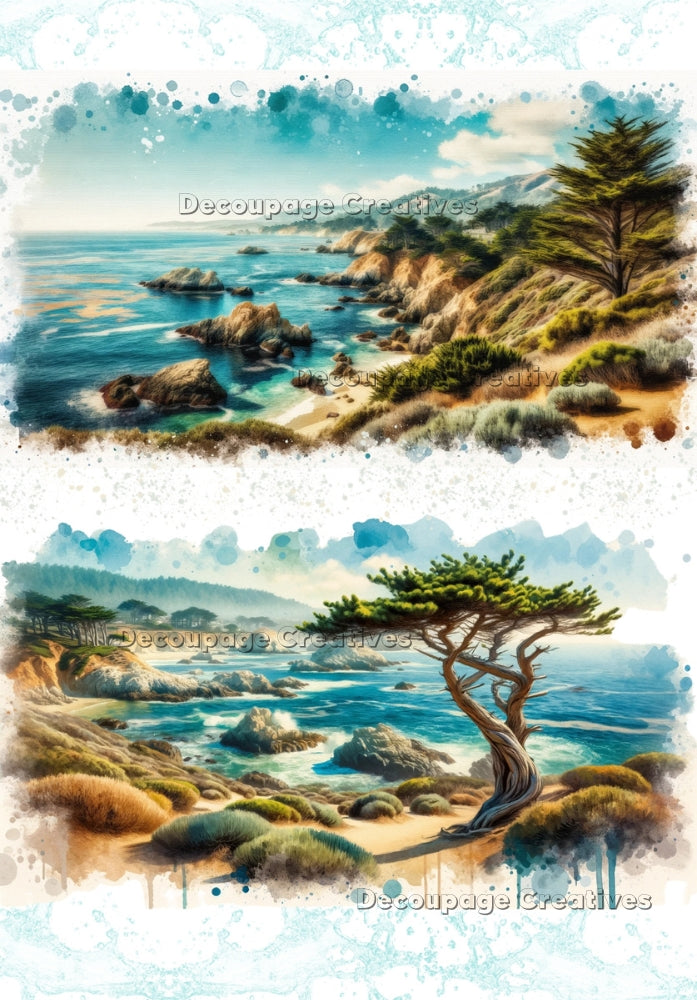 Two images of the cliffs at ocean side in Monterey, California. A4 Decoupage Paper for Craft making.