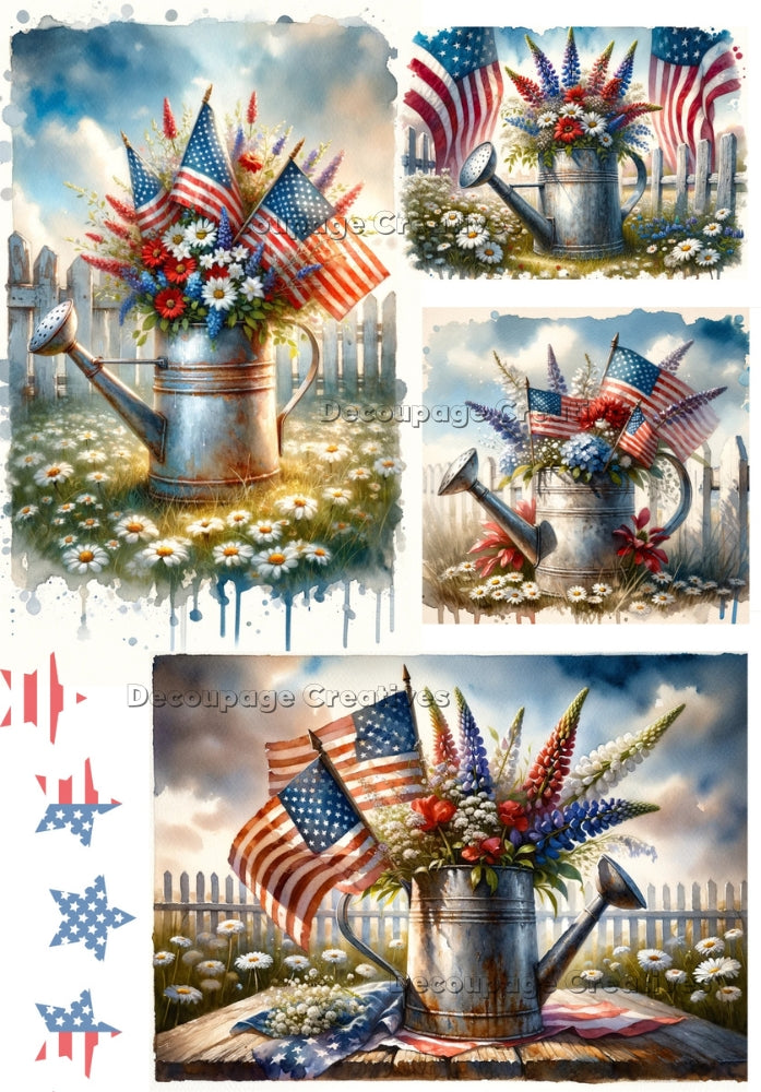 Four images of a watering can with red white blue flowers and American flags. A4 Decoupage Paper for Craft making.