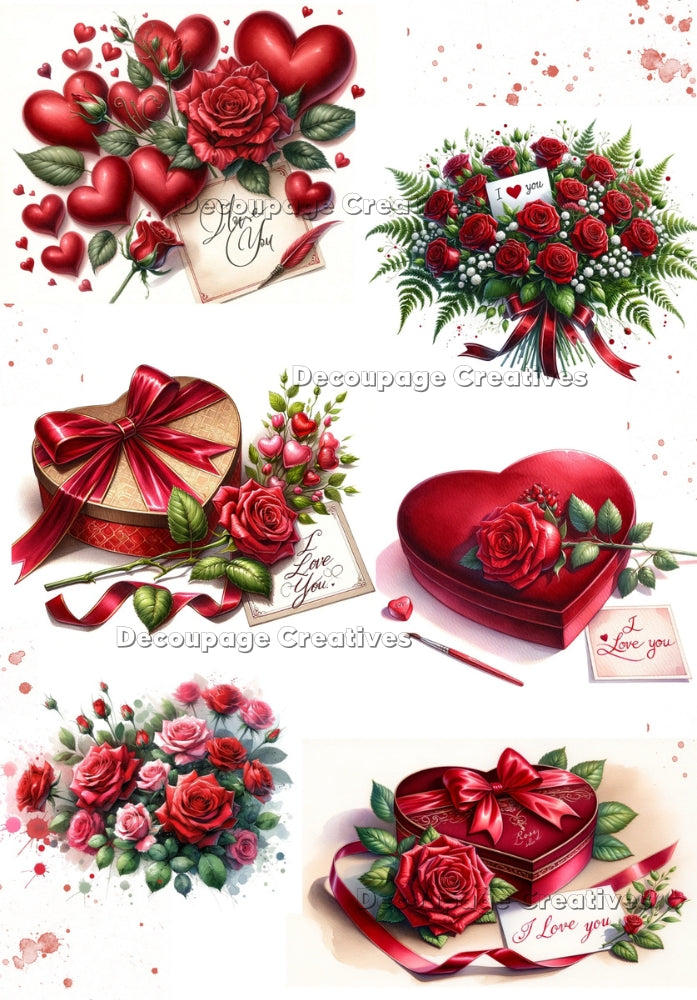 Six images of red roses and I Love You cards. Boxes of chocolate. A4 Decoupage Paper for Craft making.